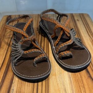 PLAKA Braided Leather Flat Sandals in Brown & Orange